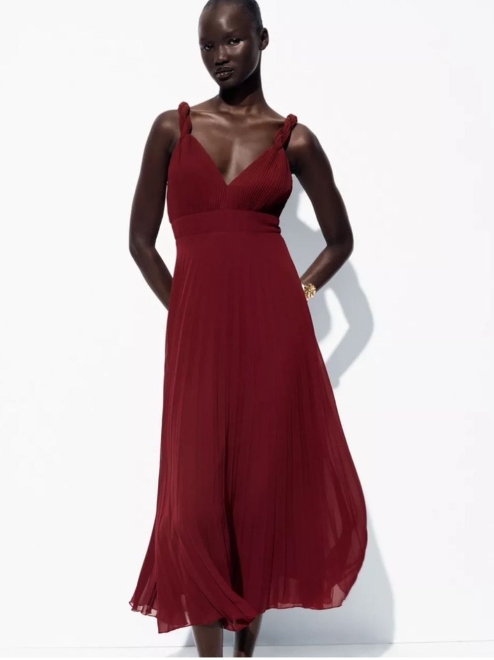 ZARA Burgundy V-Neck Pleated Midi Dress w Twisted Straps. NWT